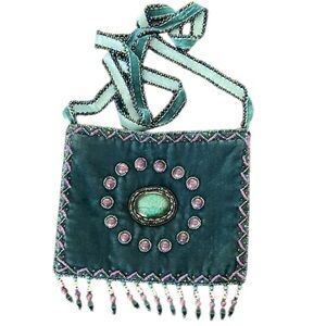 Velvet/Silk Beaded Boho Teal Crossbody Bag